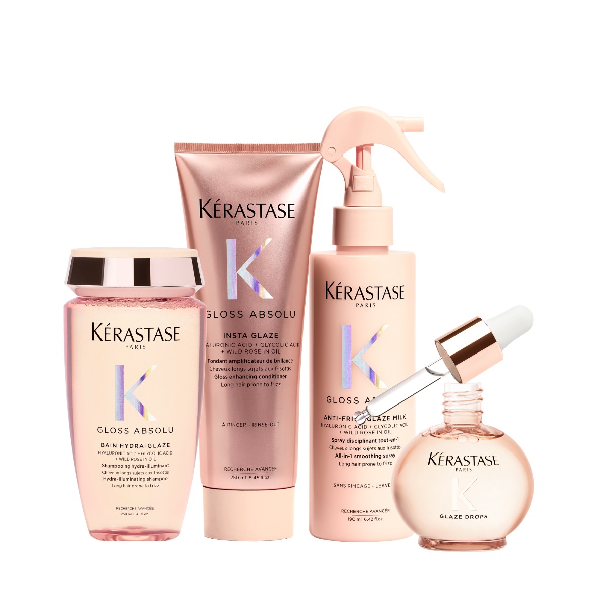 Pack Kerastase Gloss Absolu: Bain 250ml + Fondant 250ml + Spray Milk 190ml + Glaze Drops 45ml